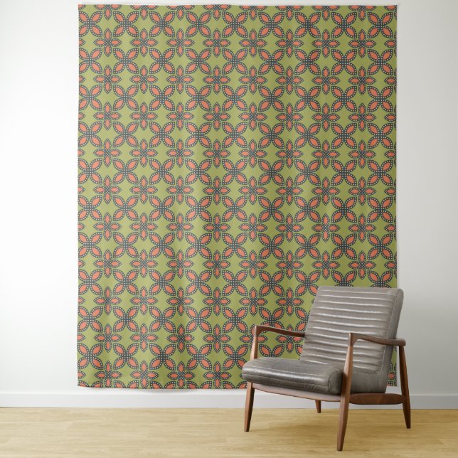 Tenture Retro Vert et Orange Abstrait motif floral (En situation)