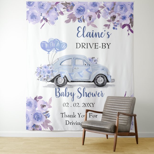 Tenture Rideau de douche à travers la Florale Bleue (En situation)