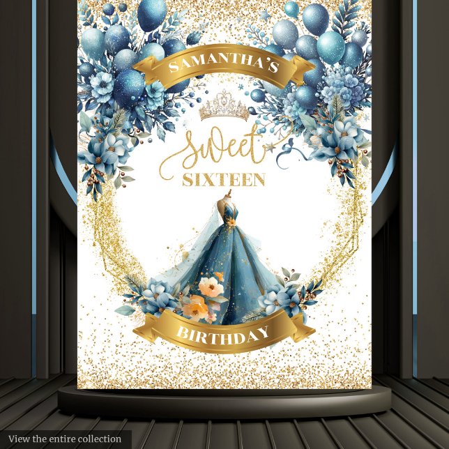 Tenture Robe Bleue Douce 16 Parties scintillant Or Aquarel (Blue Dress Sweet 16 Gold Glitter Watercolor Banner Tapestry)