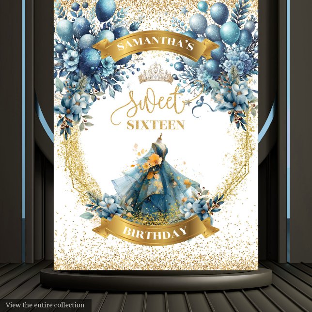 Tenture Robe d'aquarelle sweet sixteen bleu or (Sweet Sixteen Blue Gold Watercolor Dress Backdrop)