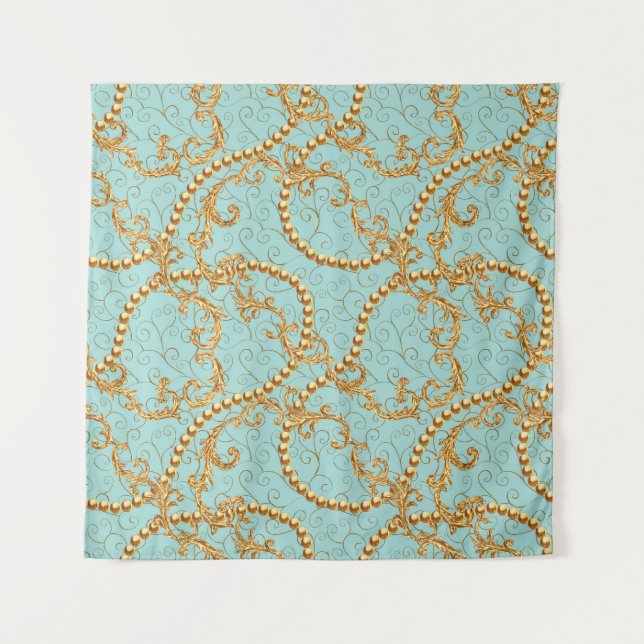 Tenture Rococo golden elements seamless pattern. Gold text (Devant)