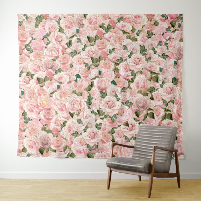 Tenture Rose botanique glamour or rose doré rose thé décor (En situation (horizontale))