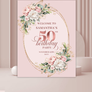Tenture Rose Dorée Blush Floral Fête d'anniversaire 50 ans
