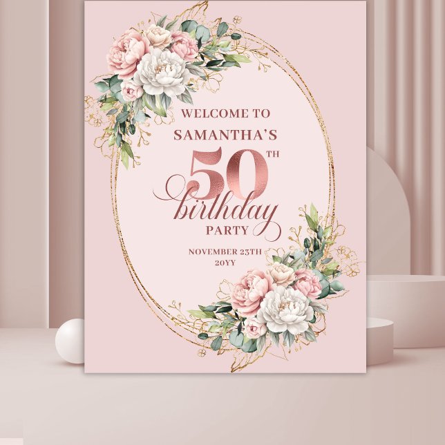 Tenture Rose Dorée Blush Floral Fête des 50 ans (Golden Rose Gold Blush Floral 50th Birthday Party Tapestry

)