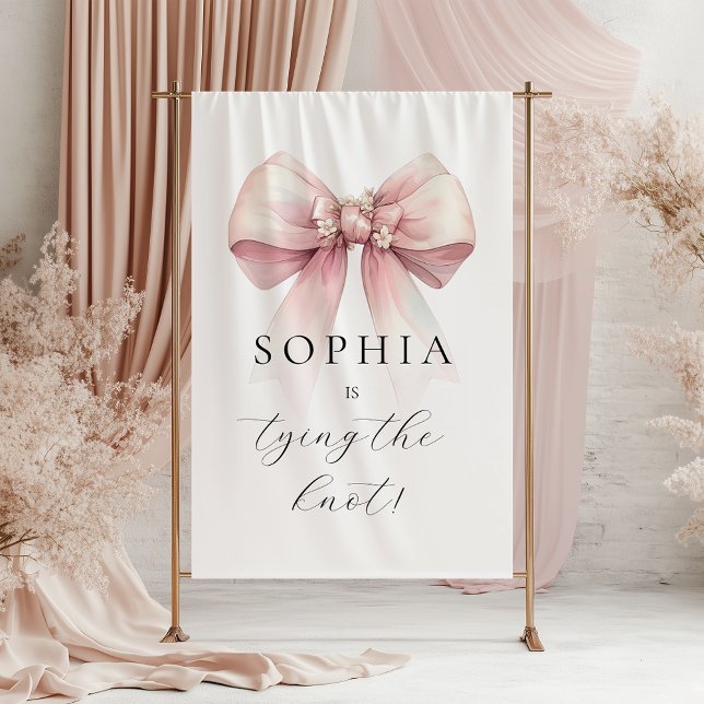 Tenture Rose Elle Se Marie Shower Nuptial (pink bow shes tying the knot bridal shower tapestry sign)