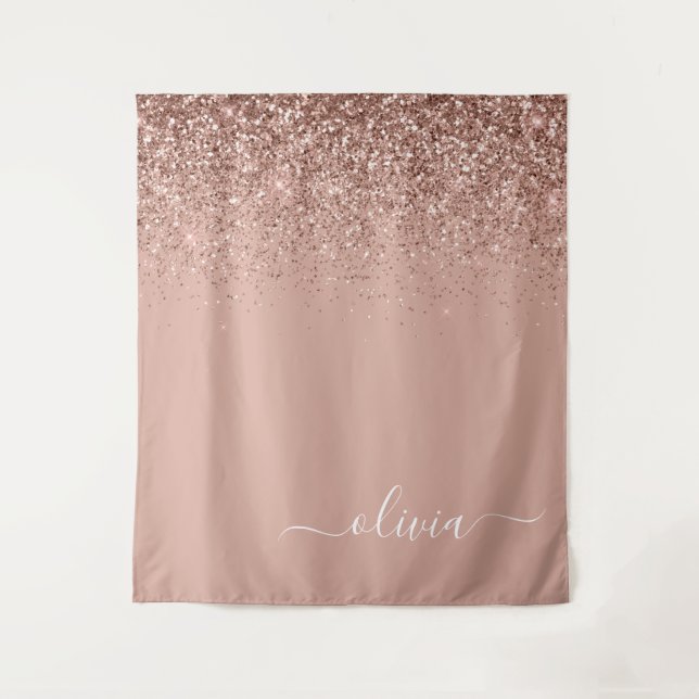Tenture Rose Gold Blush Rose Pailleté Monogramme Féminin (Devant)