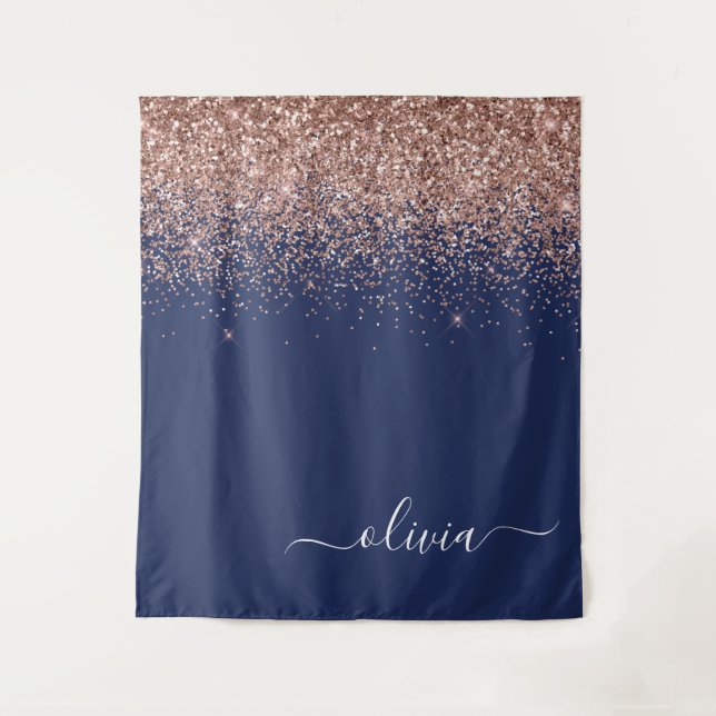 Tenture Rose Gold et Bleu Marine Blush Rose Pailleté Monog (Devant)