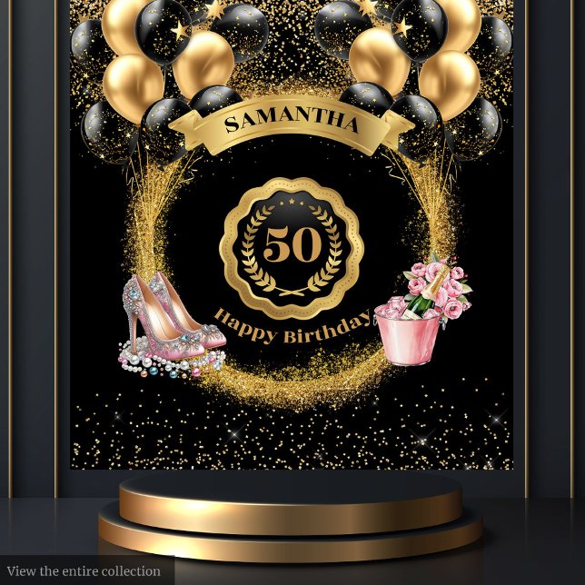 Tenture Rose Gold High Heels Black Balloons 50e anniversai (Rose Gold High Heels Black Balloons 50th Birthday Tapestry)
