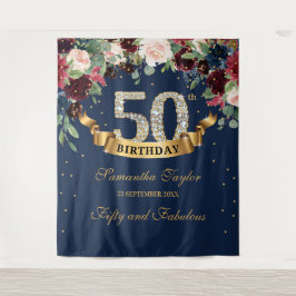 Tenture Rose poudré burgundy marine floral boho 50e annive
