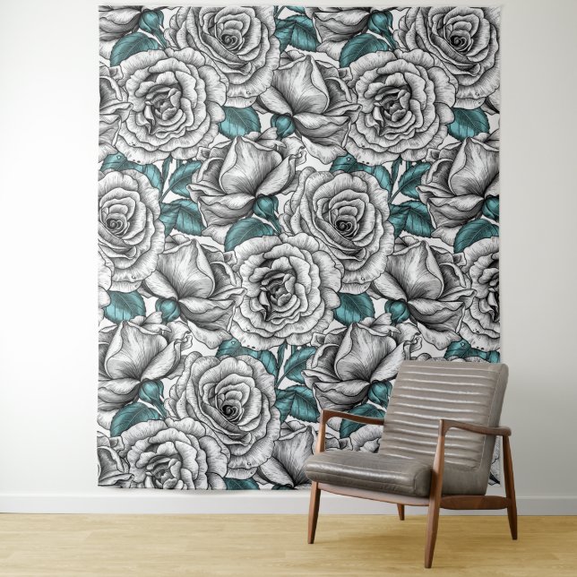 Tenture Roses blanches avec feuilles bleus (En situation)
