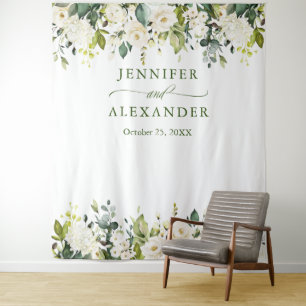 Tenture Roses blanches Verdure Mariage Photo Booth fond