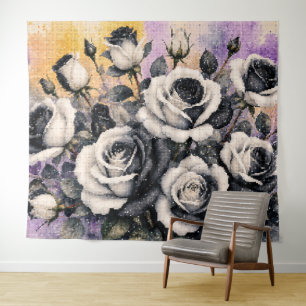 Tenture Roses noires et blanches de style géométrique aqua