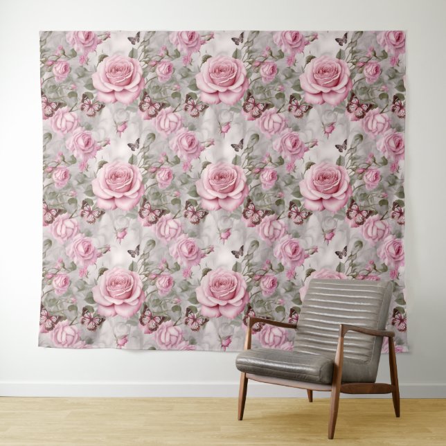 Tenture Roses roses et papillons d'eau (En situation (horizontale))