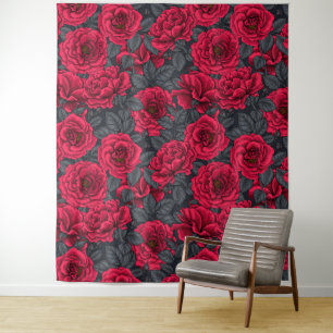 Tenture Roses rouges avec feuilles gris sur noir