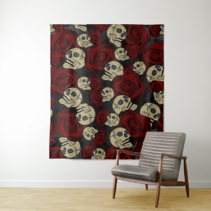 Tenture Roses Rouges & Crânes Floral Gris Noir Gothique