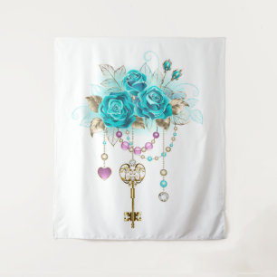 Tenture Roses Turquoise avec Clés