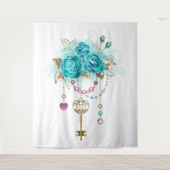 Tenture Roses turquoise avec touches (Devant)