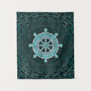 Tenture Roue de Dharma - argent et turquoise de
