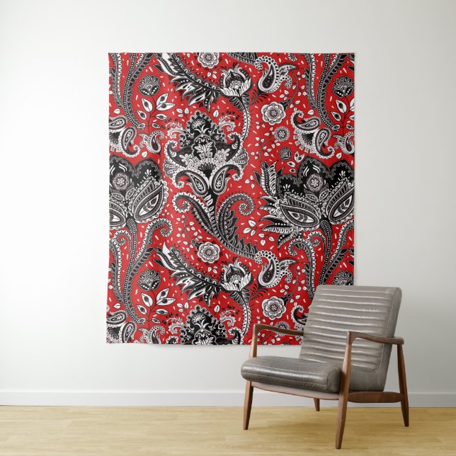 Tenture Rouge Noir & Blanc Floral Paisley Bohème Boho (En situation)