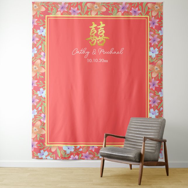 Tenture Rouge Peranakan floral chinois mariage fond (En situation)