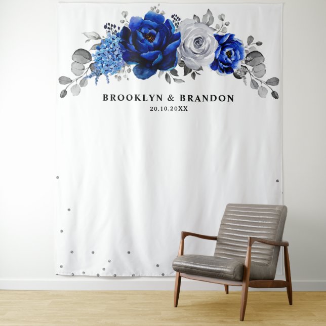 Tenture Royal Bleu argent Métallo Mariage floral (En situation)