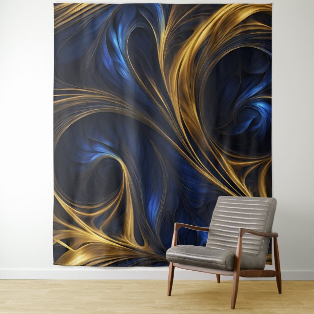 Tenture Royal Blue Gold Abstrait Swirl (En situation)
