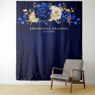 Tenture Royal Blue Gold Metallal Floral Mariage Tapestry