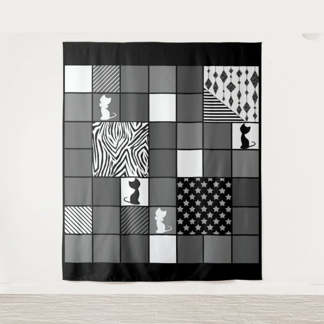 Tenture Rustique, Populaire, Noir et blanc, Patchwork, Sim (Devant)