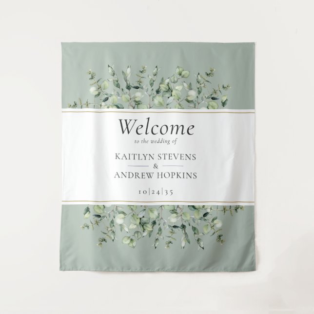 Tenture Sage Green Eucalyptus Mariage Bienvenue  (Devant)