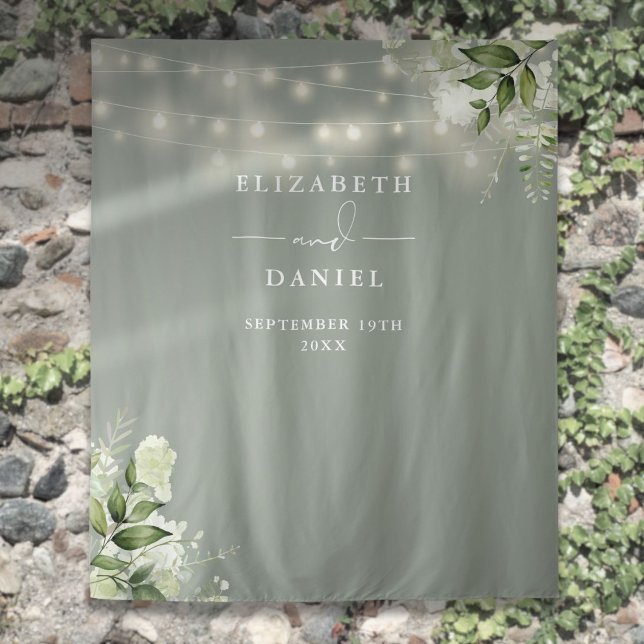Tenture Sage Green Floral Lights Mariage Photo fond (Sage Green Floral Lights Wedding Photo Backdrop)