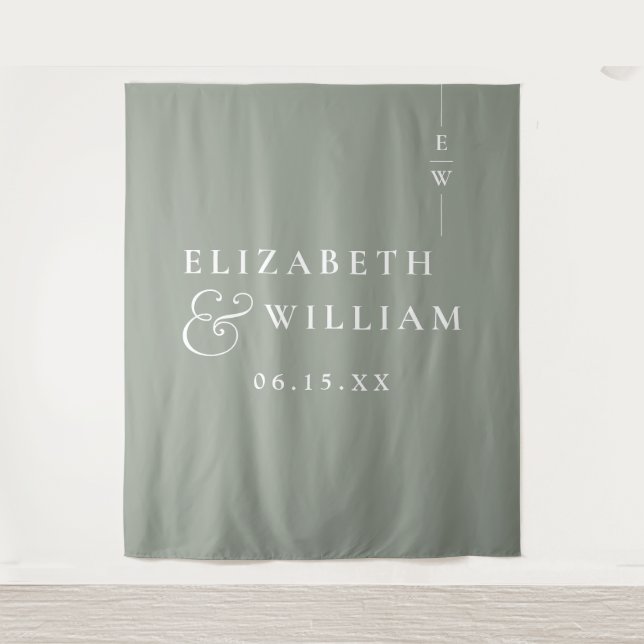 Tenture Sage Green Monogramme Mariage Photo fond (Devant)