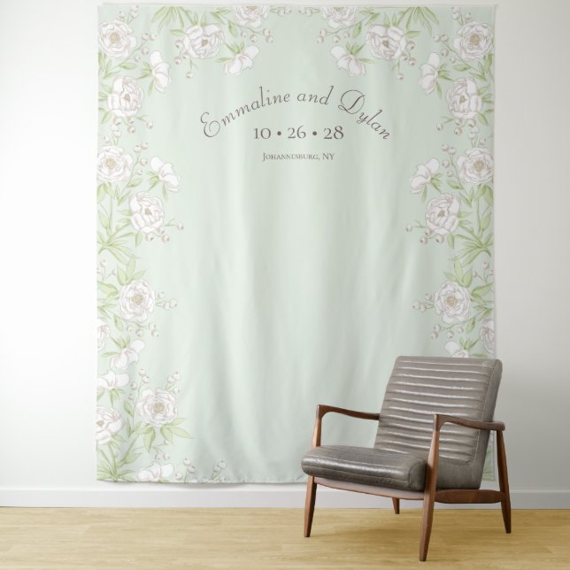 Tenture Sage Green White Rose Wedding Photo Backdrop (En situation)