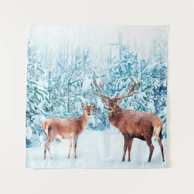 Tenture Scène hivernale de la famille des cerfs de neige (Devant)