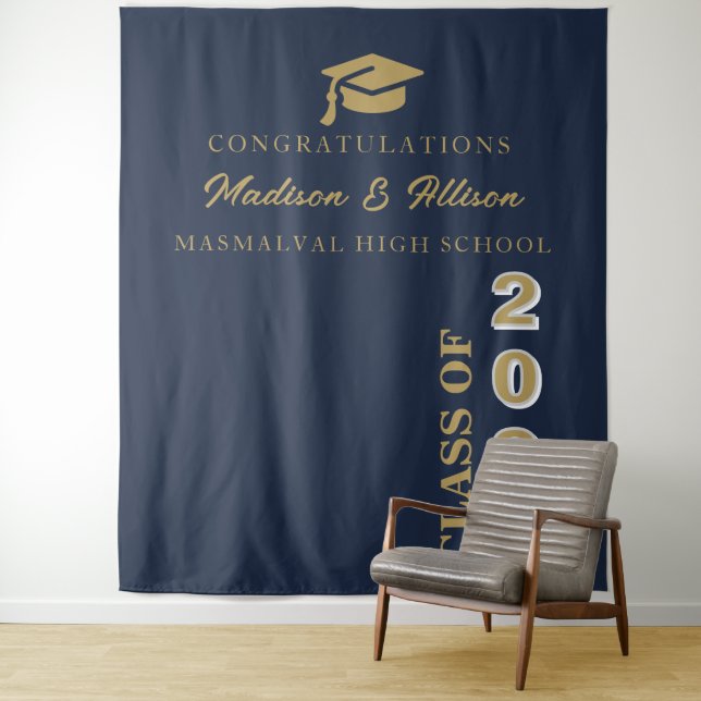 Tenture Script or moderne Marine Bleu Twin Graduation (En situation)