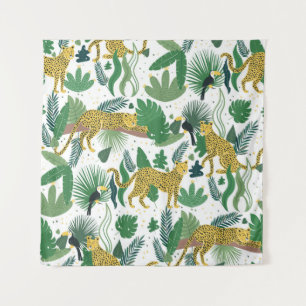 Tenture seamless pattern of leopards in jungle. Summer tro