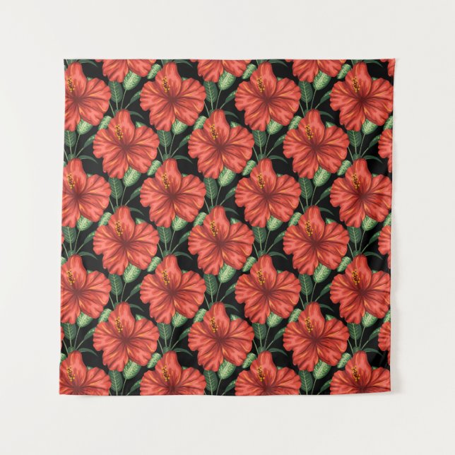 Tenture Seamless pattern Tropical red flowers green leaves (Devant)
