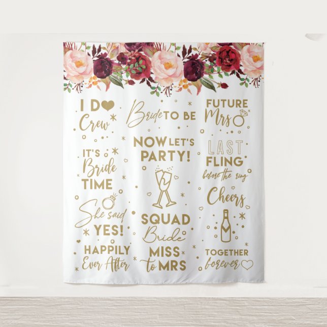 Tenture She said yesFloral Burgundy Bridal Shower Backdrop (Devant)