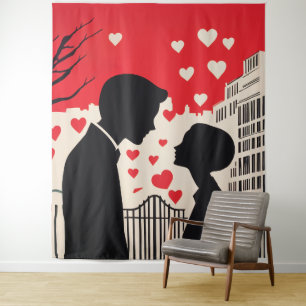 Tenture Silhouette romantique Couple Coeurs Cityscape
