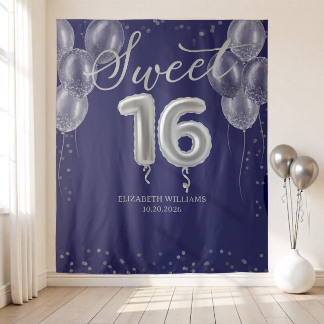 Tenture Silver Foil Sweet 16 Ballons Royal Blue fond (Créateur téléchargé)