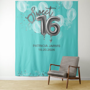 Tenture Silver Sweet 16 Anniversaires Ballons Party Turquo