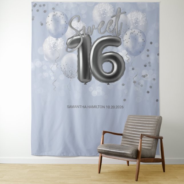 Tenture Silver Sweet 16 Ballons Anniversaires Dusty Blue f (En situation)