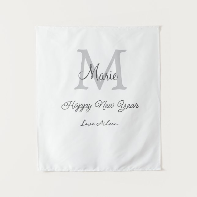 Tenture simple minimal happy new year monogram gray name  (Devant)