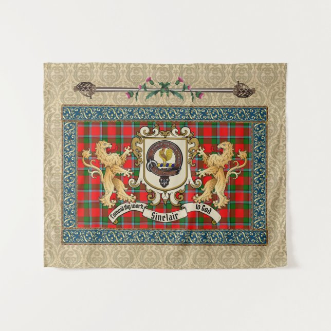 Tenture Sinclair Clan Badge & Tartan avec Lions (Devant (Horizontal))