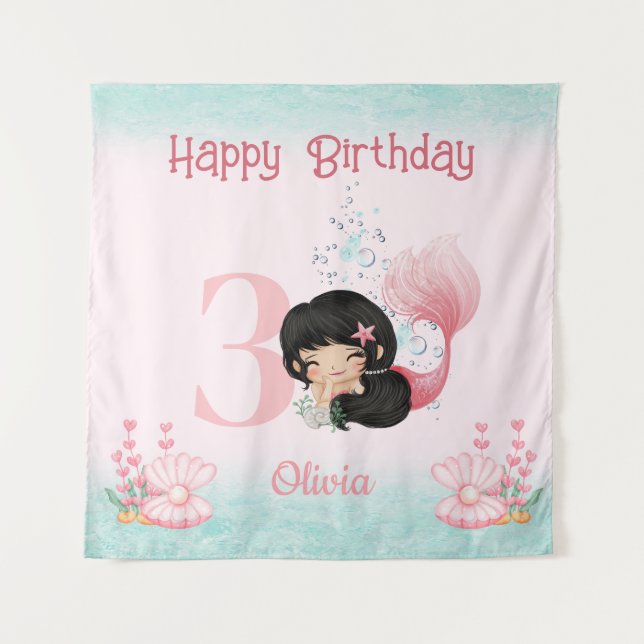 Tenture Sirène à cheveux foncé Anniversaire Bannière rose (Devant)