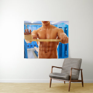 Tenture SlipperyJoe homme musclé abs vestiaire pièce carre