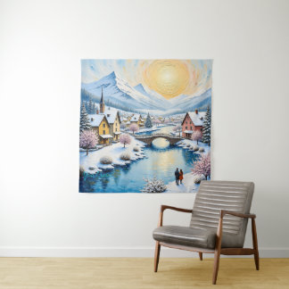 Tenture Snowy Winter Village by Golden Sun