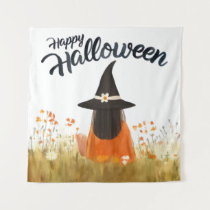 Tenture Sorcière d'Halloween dans un champ de fleurs