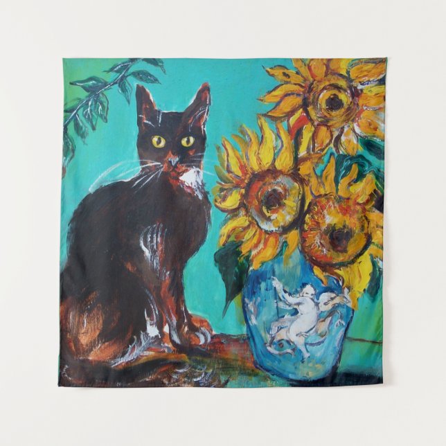 TENTURE SOUCHES AVEC CHAT EN TURQUOISE BLEUE (Devant)