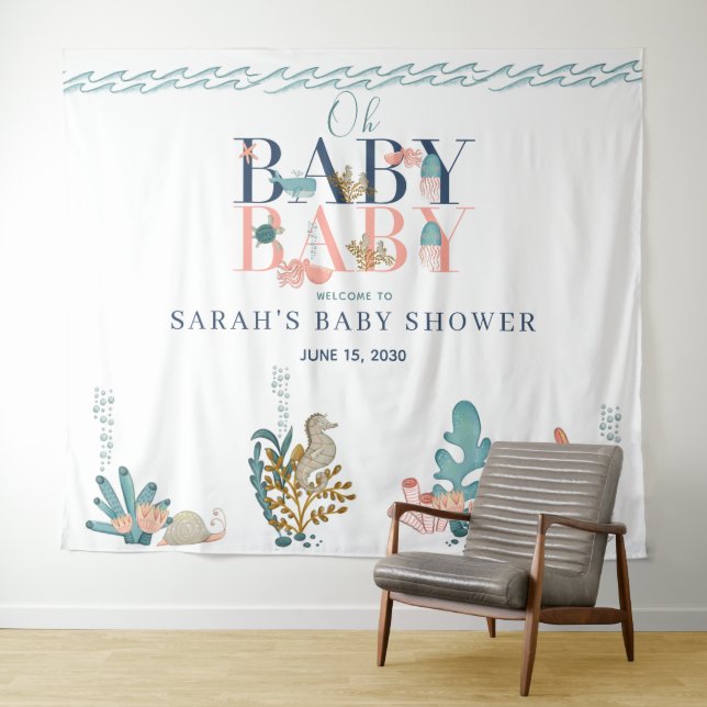 Tenture Sous l'aquarelle bleu mer Oh Baby shower bébé (En situation (horizontale))