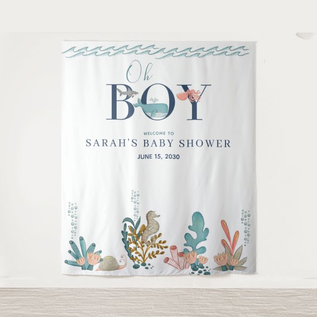 Tenture Sous l'eau Bleu Aquarelle Oh Garçon Baby Shower (Devant)